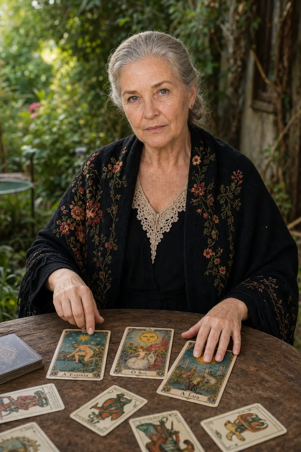 A Vó Bisa com três cartas de tarô abertas sobre a mesa, no jardim
