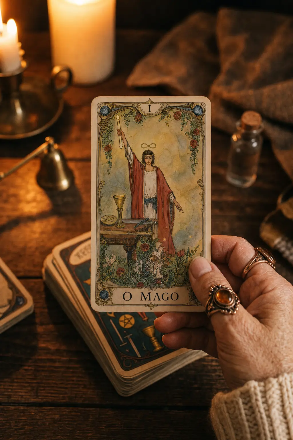 Mão segurando a carta O Mago do tarô à luz de velas