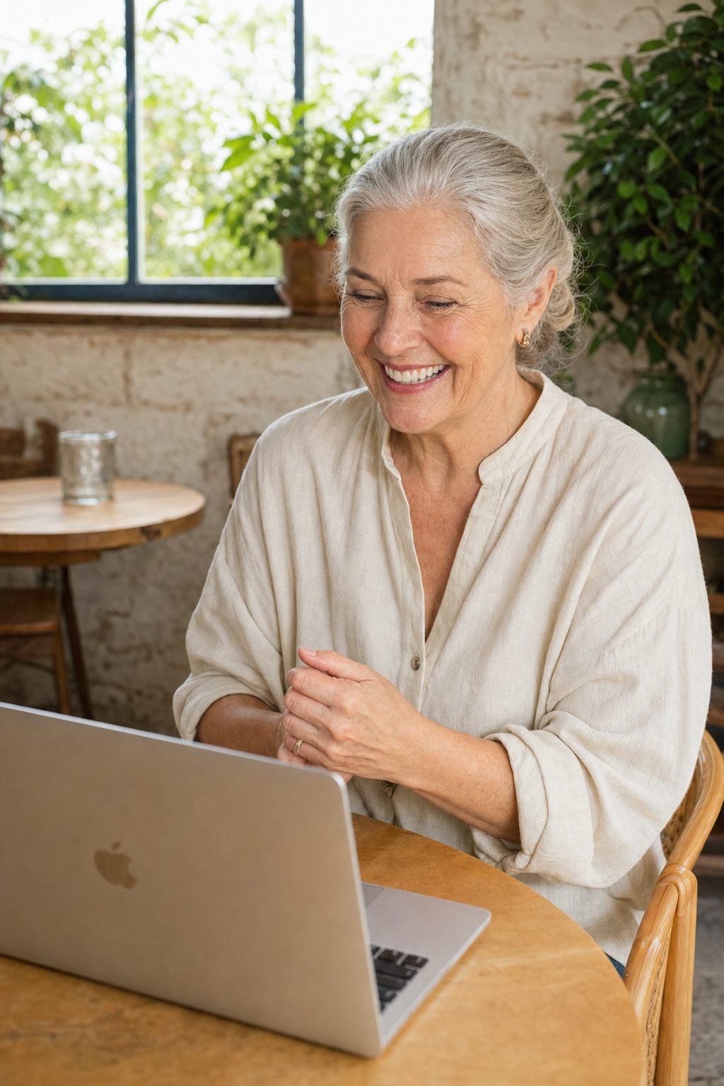 A Vó Bisa sorrindo diante do laptop na cozinha
