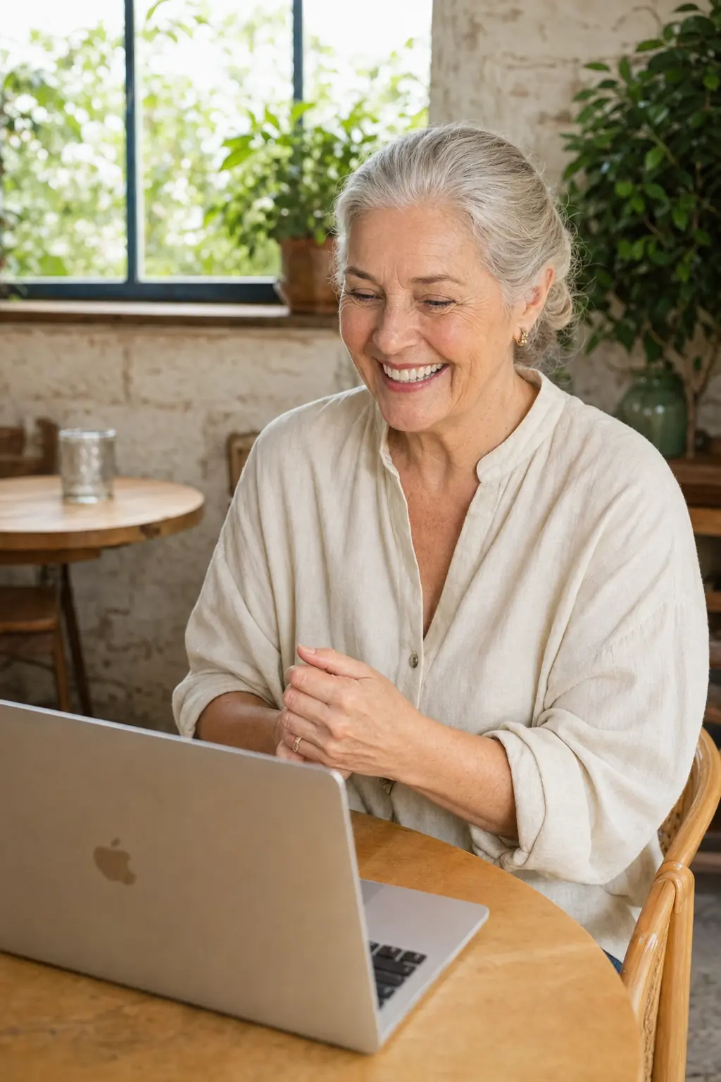 A Vó Bisa sorrindo diante do laptop na cozinha