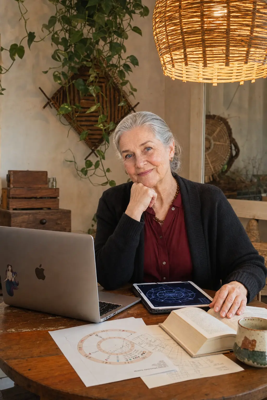 A Vó Bisa à mesa com laptop, tablet e um mapa astral